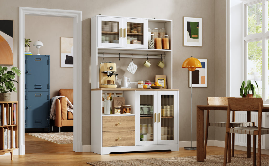 Armario de cocina de 178 cm, armario alto con LED, estante de cocina con toma de corriente, vitrina con puertas de cristal templado, estante para vinos, blanco con el aspecto de madera y placa de trabajo reforzada