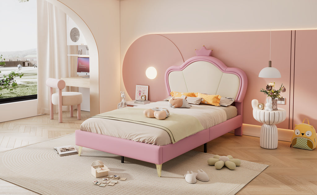 Cama de Colchón, Cama para Niños, con Bordes Suaves de Protección, Parte Superior de la Cama con Corona, Patas de la Cama de Metal, Perfil Elegante de la Parte Superior de la Cama de Colchón, Cama Individual, PU, Rosa + Blanco, 90x200cm