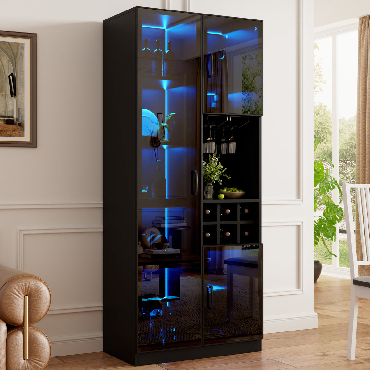 Vitrina con iluminación LED controlable por App, armario de cristal con puertas de cristal, estante para vinos y espacio de almacenamiento, armario para el salón