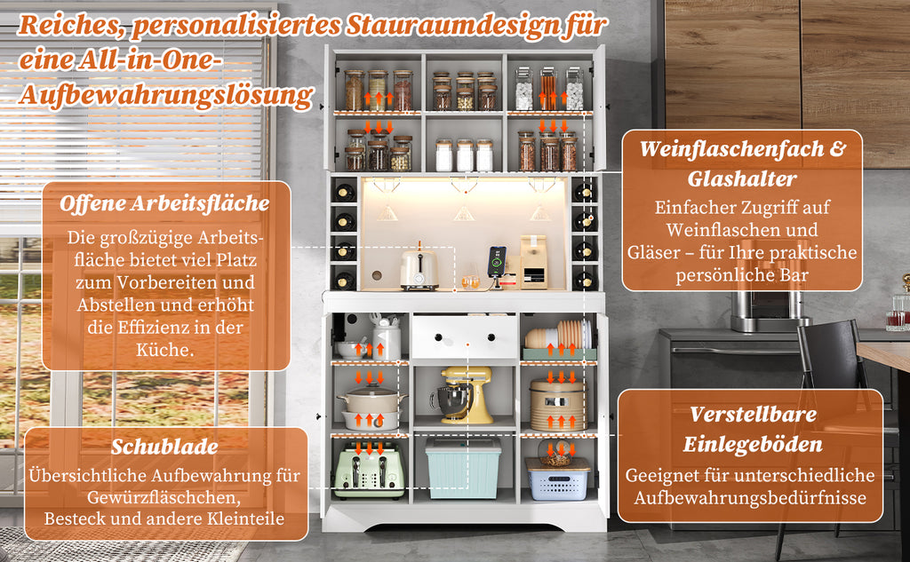 Armario de cocina, armario alto, armario de vinos con soportes de empotramiento ajustables, cajón, soporte para vasos de vino de acero inoxidable, compartimentos para botellas de vino, iluminación LED con cambio de color y enchufes, 180 × 105 × 40 cm
