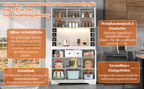 Kitchen cabinet, tall cabinet, wine cabinet with adjustable mounting brackets, drawer, stainless steel wine glass rack, wine bottle compartments, color-changing LED lighting and power outlets, 180 × 105 × 40 cm