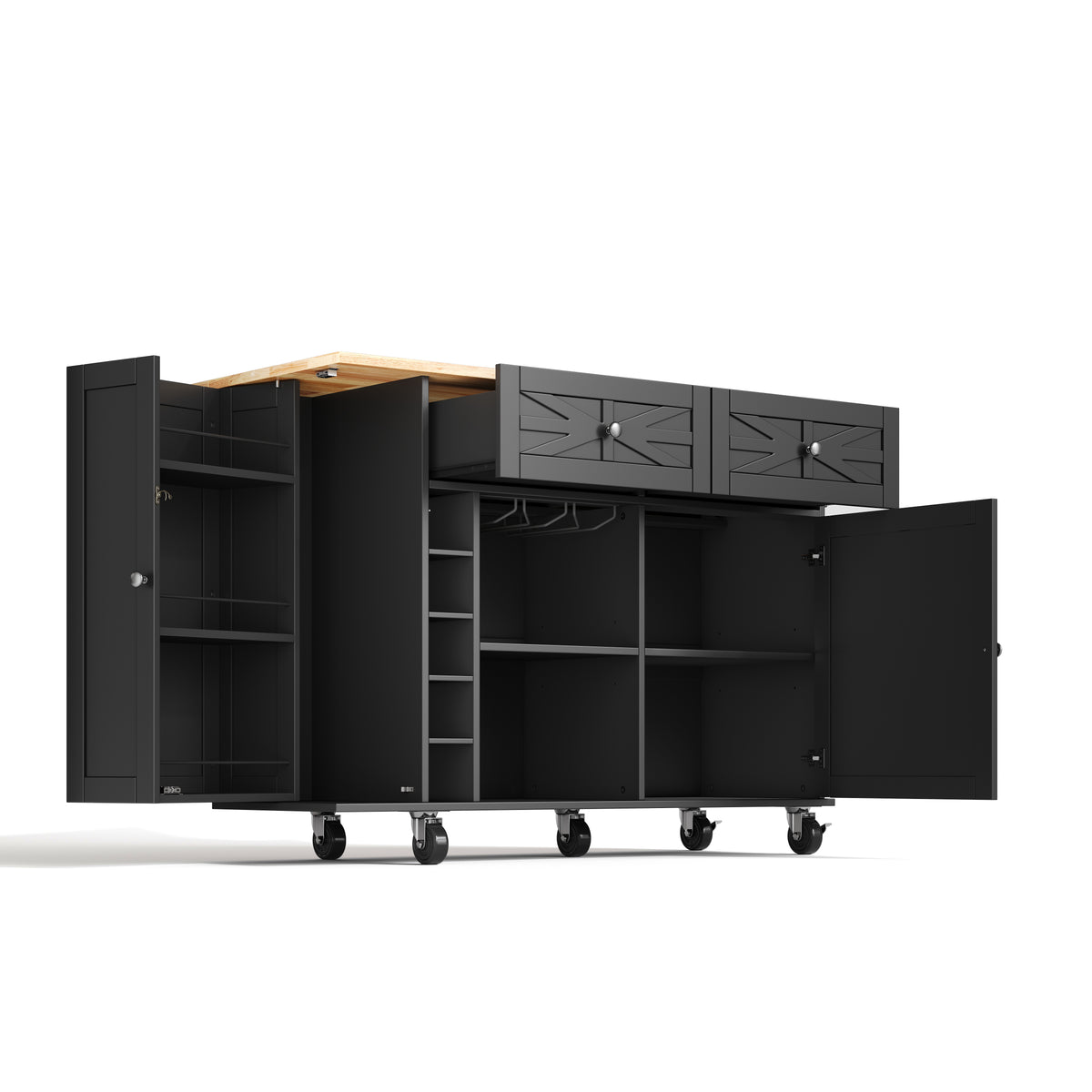 Isla de cocina con placa de trabajo plegable, equipada con 5 ruedas con cierre, armario, estante para vinos y soporte para vasos, negro, 120 x 45(70) x 89 cm