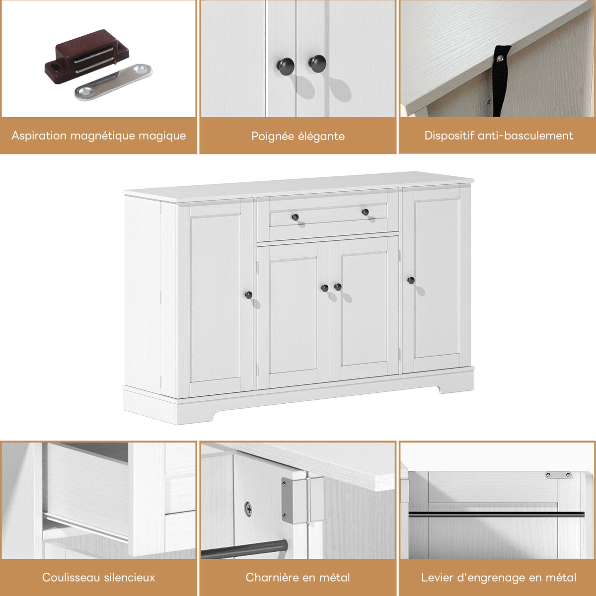 Buffet multifuncional para la cocina – Sideboard de 138 cm con cajón, puertas de estantería y soportes de empotramiento ajustables – Diseño moderno con protección anti-inclinación, ideal para la cocina, el salón y el dormitorio