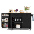 Isla de cocina con placa de trabajo plegable, equipada con 5 ruedas con cierre, armario, estante para vinos y soporte para vasos, negro, 120 x 45(70) x 89 cm