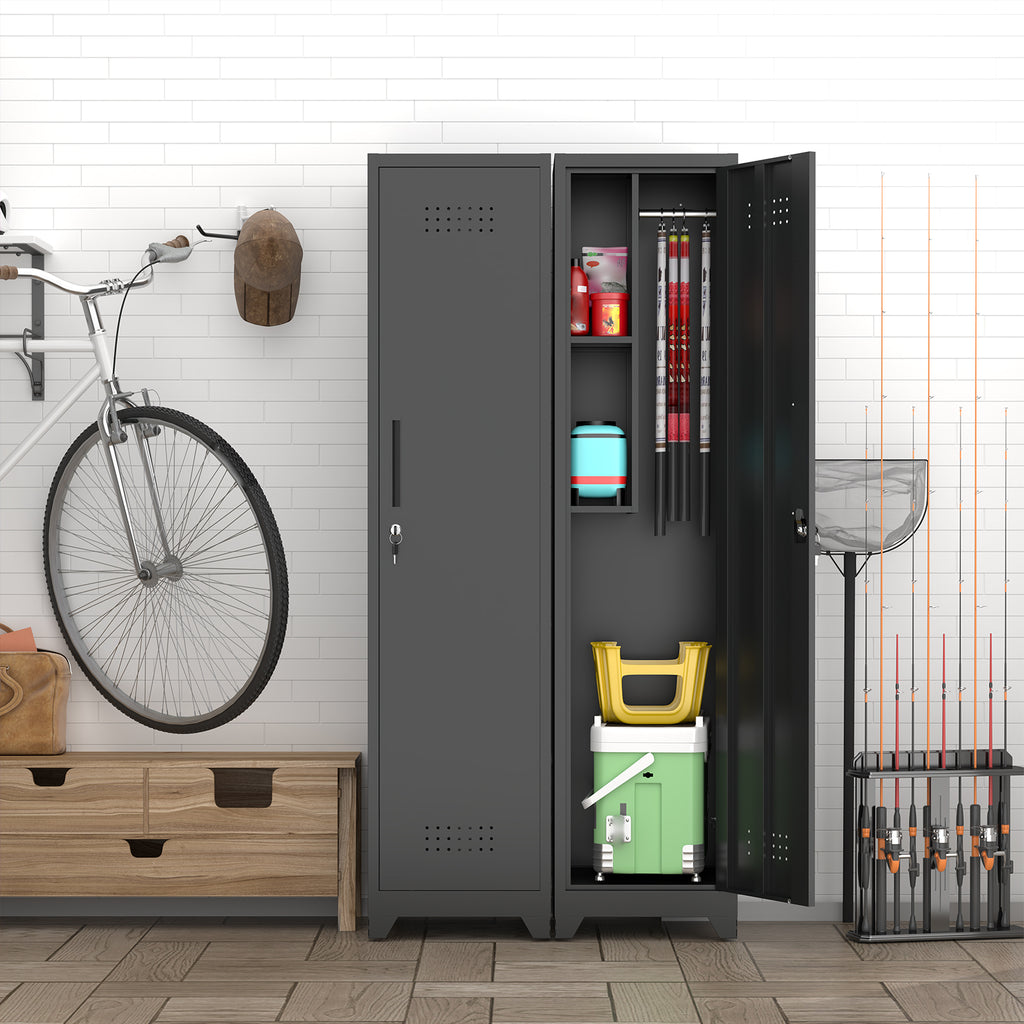 Gabinet de almacenamiento para limpieza de metal negro y esbelto con puerta cerradora, estantes y barra de colgado, organizador de utilidades de 65" de alto para cocina, despensa, oficina, taller y garaje