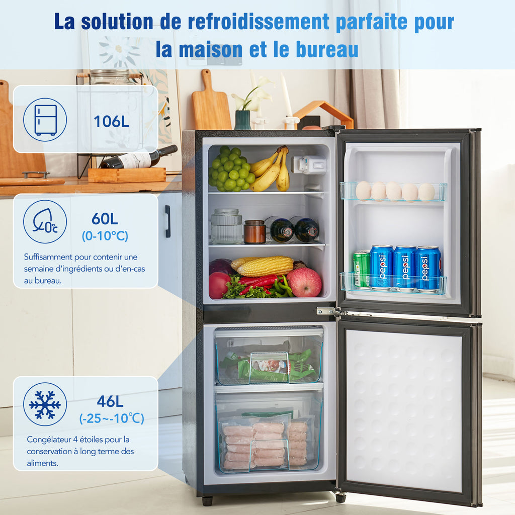 Refrigerador Minikühlschra de 106L, 60-l de capacidad de refrigeración + 46-l de capacidad de freezer, 7 ajustes de temperatura, puerta plateada + cuerpo negro, iluminación LED, cajones de empotramiento ajustables, 166 kWh/Jr, 45 dB
