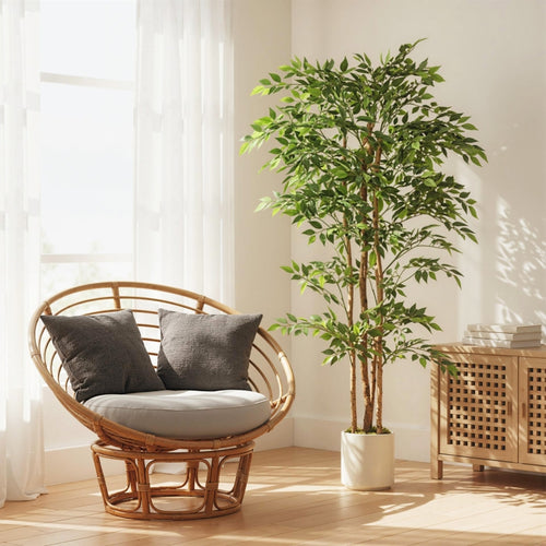 Künstlicher Banyan-Baum aus Kunststoff mit Stamm aus Echtholz, im Topf, für Wohnzimmer, Schlafzimmer, Büro 75 x 75 x 180 cm, grün