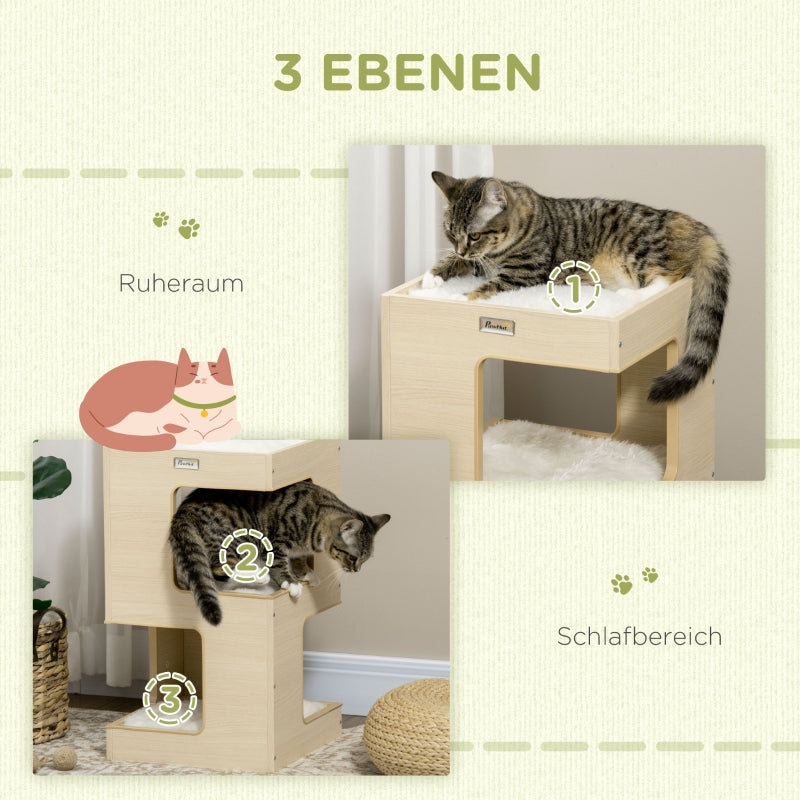 Tonera para gato, casa para gato, 2 niveles, incluye juguete, 34 cm x 34 cm x 60 cm, Natural + Gris claro