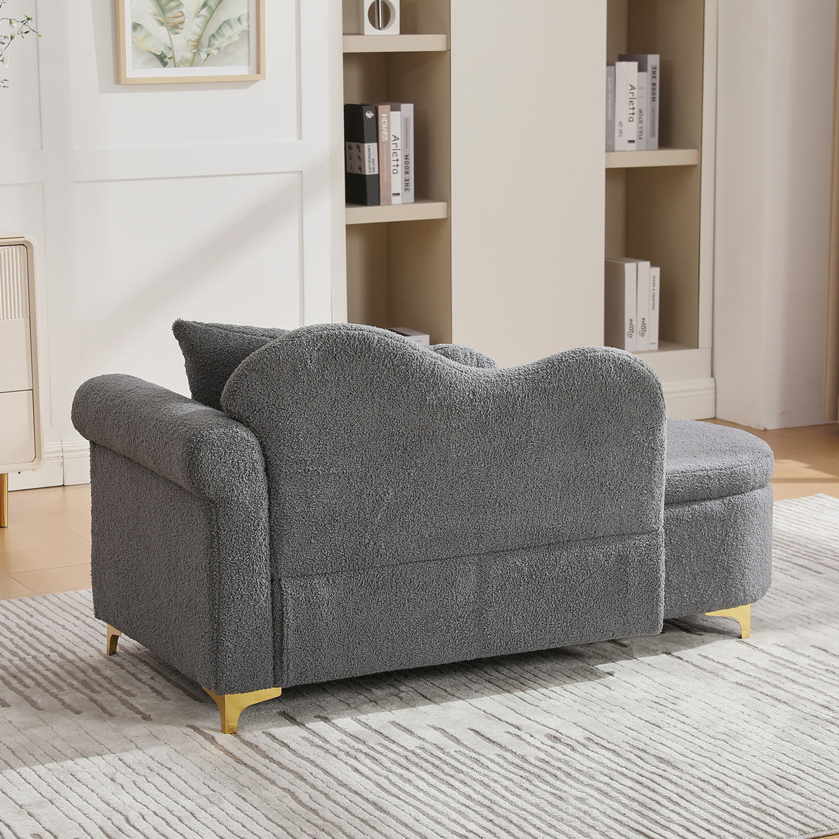 Chaiselongue multifuncional con espacio de almacenamiento, 134 cm, diseño moderno, respaldo ondulado, tela con aspecto de piel de cordero, cojines altamente densos, incluye cojín lumbar + cojín de cuello