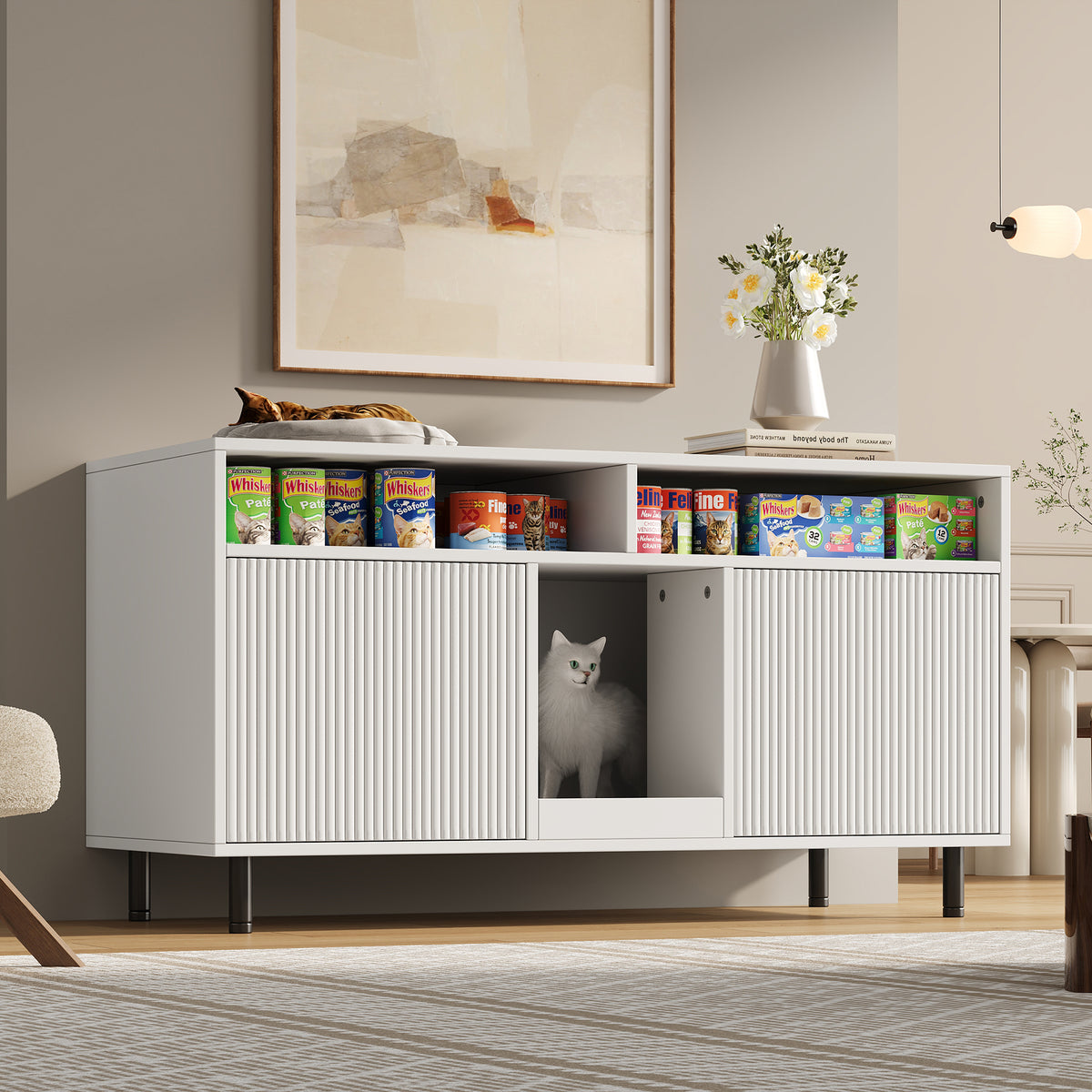 Katzentoiletten-Schrank/Katzenstreuwanne-Schrank con Alfombra de Cojín para Arena, Armario para Mascotas con Soporte, Sideboard/TV Stand para Mascotas, sin Baño para Gato, 120x50x66cm, Blanco