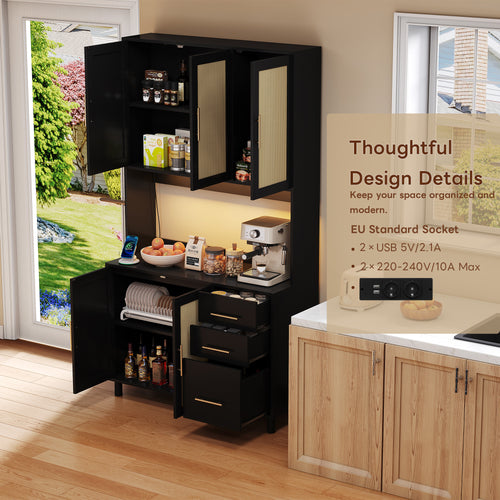 Küchenanrichte 183 cm, Buffet, App-gesteuerte LED-Dekorationsbeleuchtung, 2 x USB, 2 x Steckdosen, verstellbare Einlegeböden, 3 Schubladen, goldfarbene Metallgriffe, ideal für Küchen und Esszimmer.