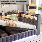 Sofa cama poltrona multifuncional 90 × 200 cm, con espacio de almacenamiento hidráulico, estante de madera, tira de luz LED, toma de corriente, conectores de carga USB y Type-C, soporte de armazón de madera, material de terciopelo gris oscuro