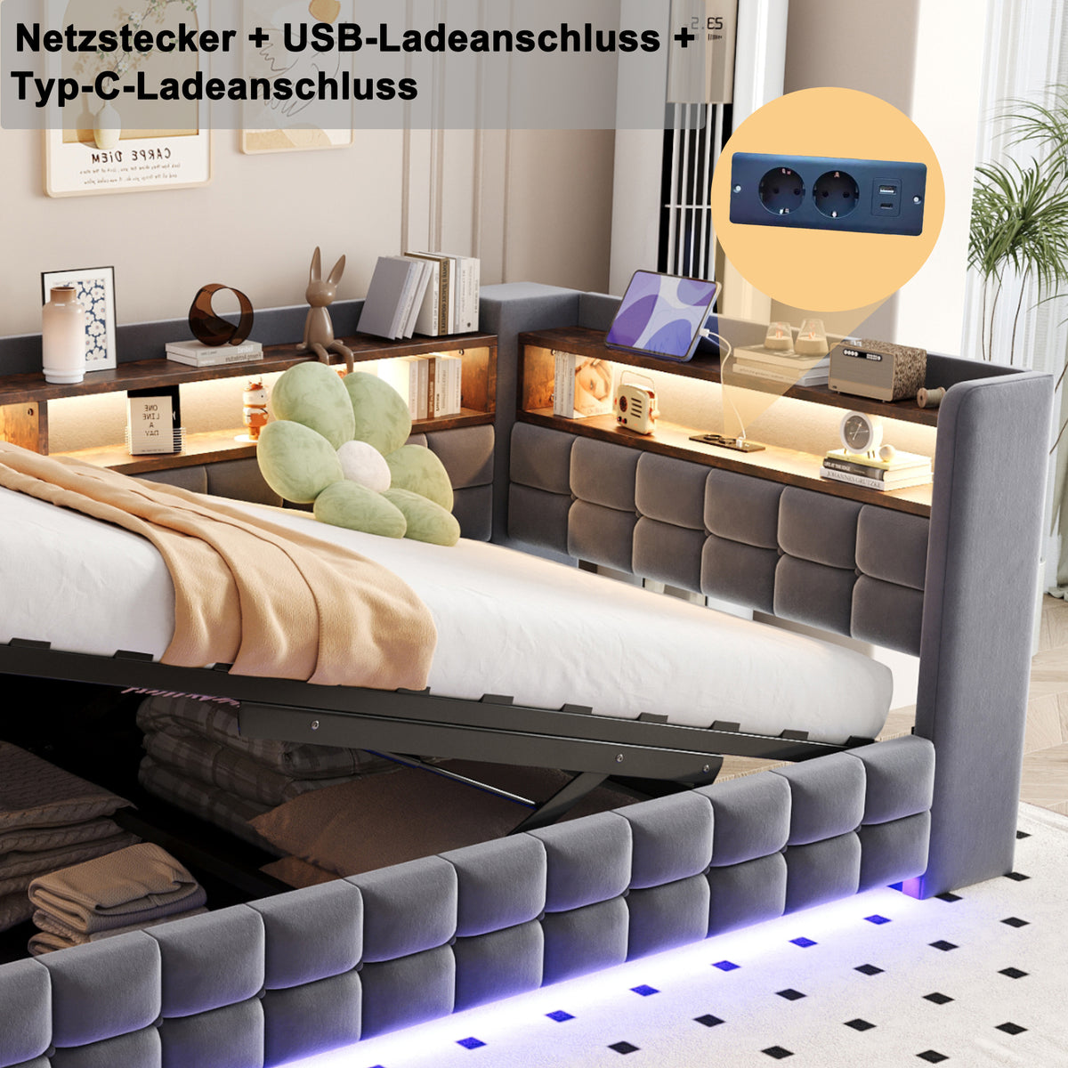 Sofa cama poltrona multifuncional 90 × 200 cm, con espacio de almacenamiento hidráulico, estante de madera, tira de luz LED, toma de corriente, conectores de carga USB y Type-C, soporte de armazón de madera, material de terciopelo gris oscuro