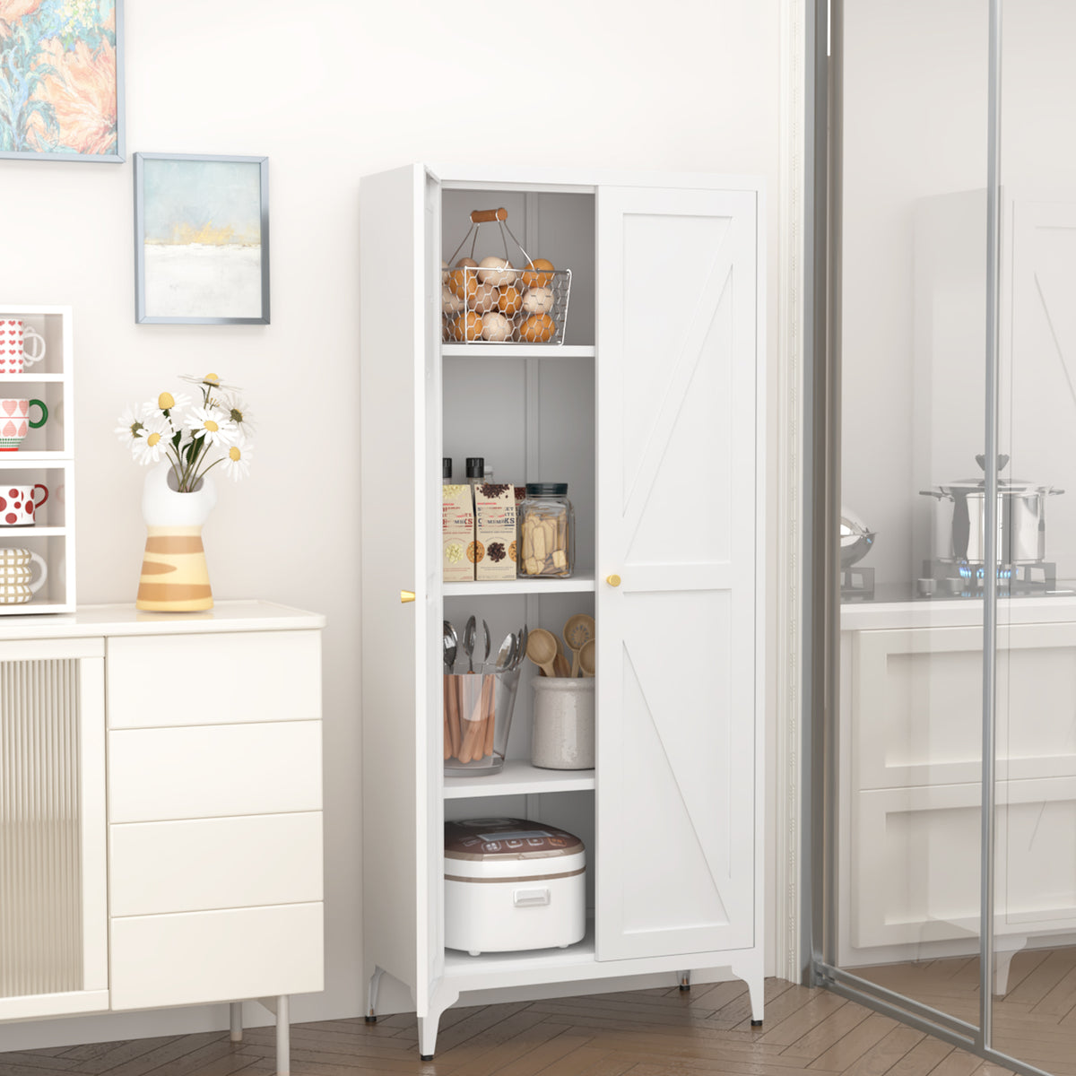 Gabineté de almacenamiento metálico de dos puertas para despensa de la cocina, con estantes ajustables, gabineté alto de acero para la cocina, salón, comedor y oficina, blanco