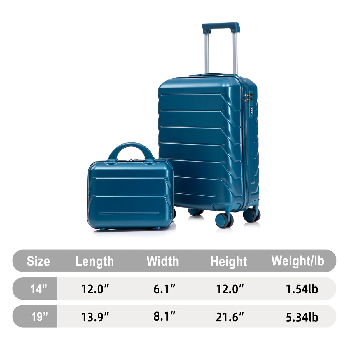 Set de maletas con ruedas ABS de 2 piezas de 14"/19" con candado numérico y bolso de cosméticos de 14" (azul oscuro)