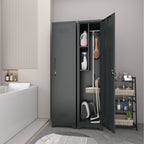 Gabinet de almacenamiento para limpieza de metal negro y esbelto con puerta cerradora, estantes y barra de colgado, organizador de utilidades de 65" de alto para cocina, despensa, oficina, taller y garaje