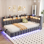 Sofa cama poltrona multifuncional 90 × 200 cm, con espacio de almacenamiento hidráulico, estante de madera, tira de luz LED, toma de corriente, conectores de carga USB y Type-C, soporte de armazón de madera, material de terciopelo gris oscuro