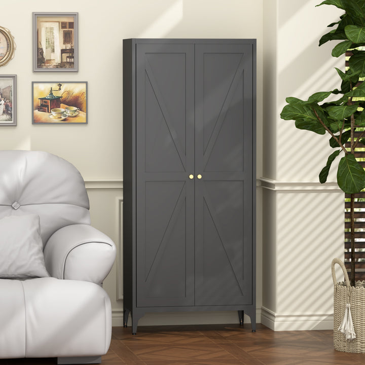 [Metal Adjustable] Gabinete de almacenamiento de dos puertas de metal para despensa de cocina, gabinete de despensa alta de acero para cocina, salón, comedor y oficina, color negro