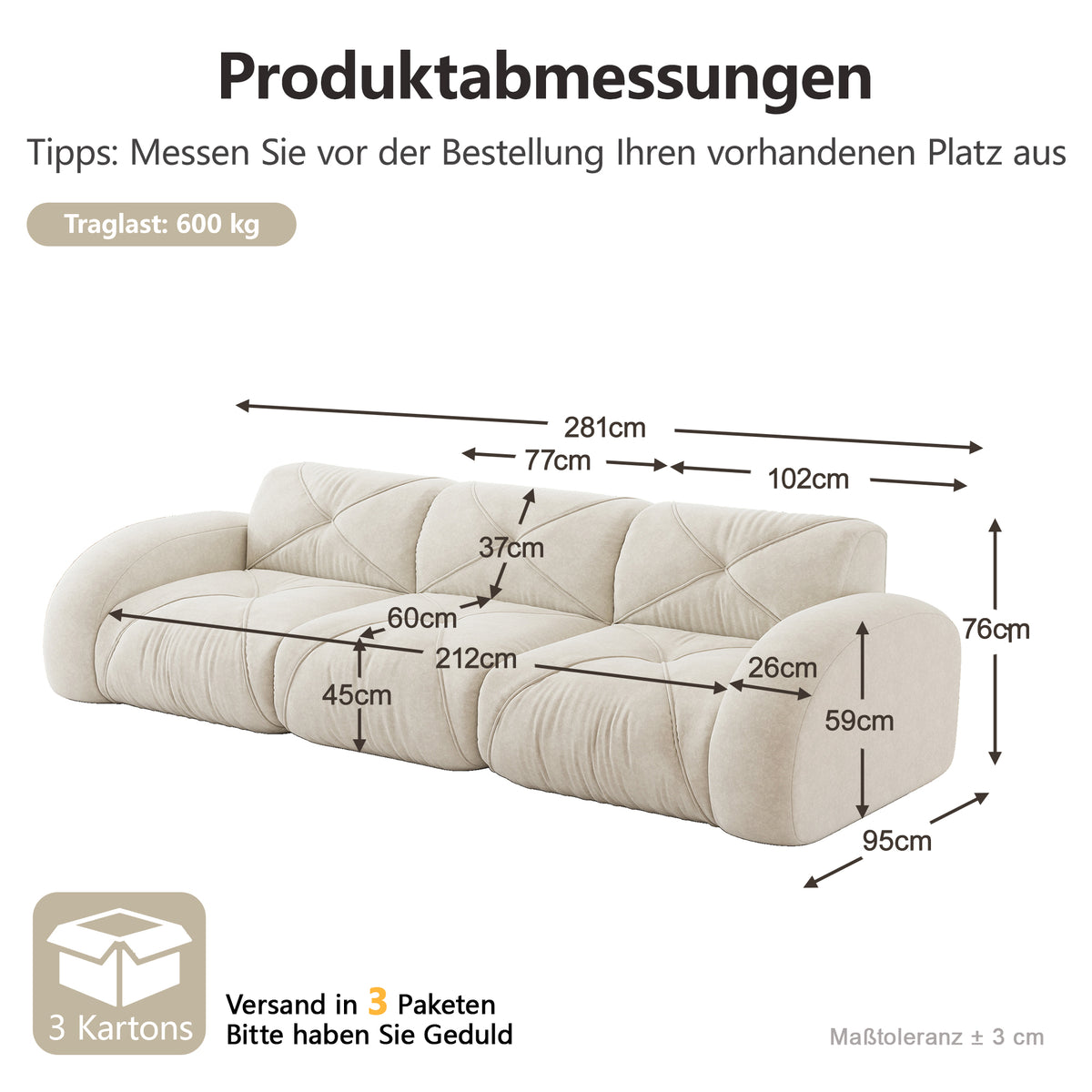 Sofá sin armazón, módulo de sofá tres plazas extra grande, hecho de cómodo material chenille, ideal para el salón, diseño antiresbaladizo, sin necesidad de montaje, color beige claro