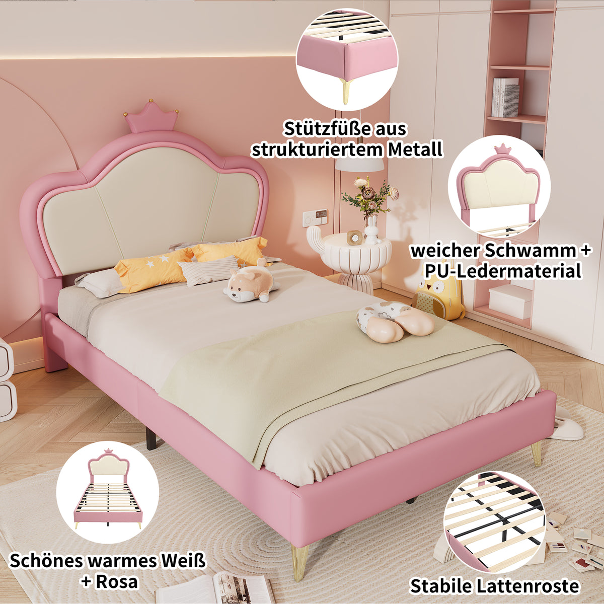 Cama de Colchón, Cama para Niños, con Bordes Suaves de Protección, Parte Superior de la Cama con Corona, Patas de la Cama de Metal, Perfil Elegante de la Parte Superior de la Cama de Colchón, Cama Individual, PU, Rosa + Blanco, 90x200cm