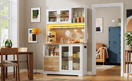 178 cm kitchen cabinet, tall cabinet with LED, kitchen shelf with power outlet, display cabinet with tempered glass doors, wine rack, white with wood look and reinforced worktop