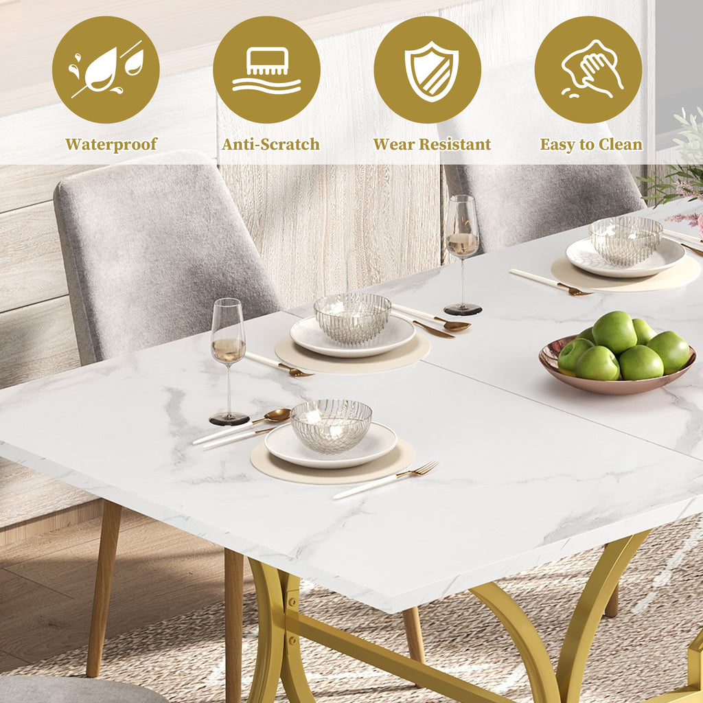 Mesa de comedor de 200×80cm, para 8–10 personas, diseño moderno en óptica de mármol, placa de mesa de 2,5 cm de espesor, resistente al agua y al arañazo, patas metálicas de color oro con correderas ajustables, adecuada para el salón y el comedor