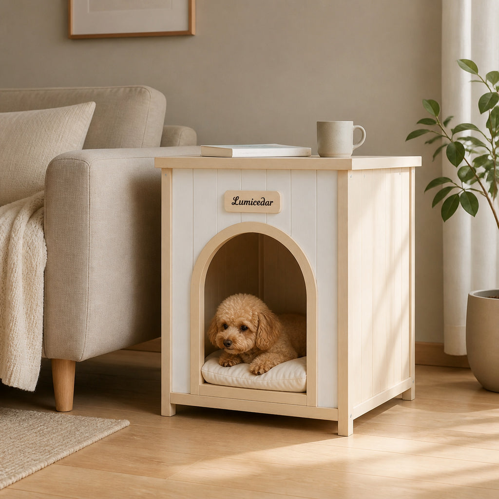 Mesa lateral para caja para perros de madera – Mueble para mascotas para el interior de la casa de madera FSC® para perros y gatos pequeños, Mesa lateral de estilo escandinavo