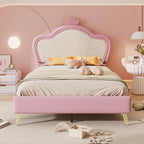 Cama de Colchón, Cama para Niños, con Bordes Suaves de Protección, Parte Superior de la Cama con Corona, Patas de la Cama de Metal, Perfil Elegante de la Parte Superior de la Cama de Colchón, Cama Individual, PU, Rosa + Blanco, 90x200cm