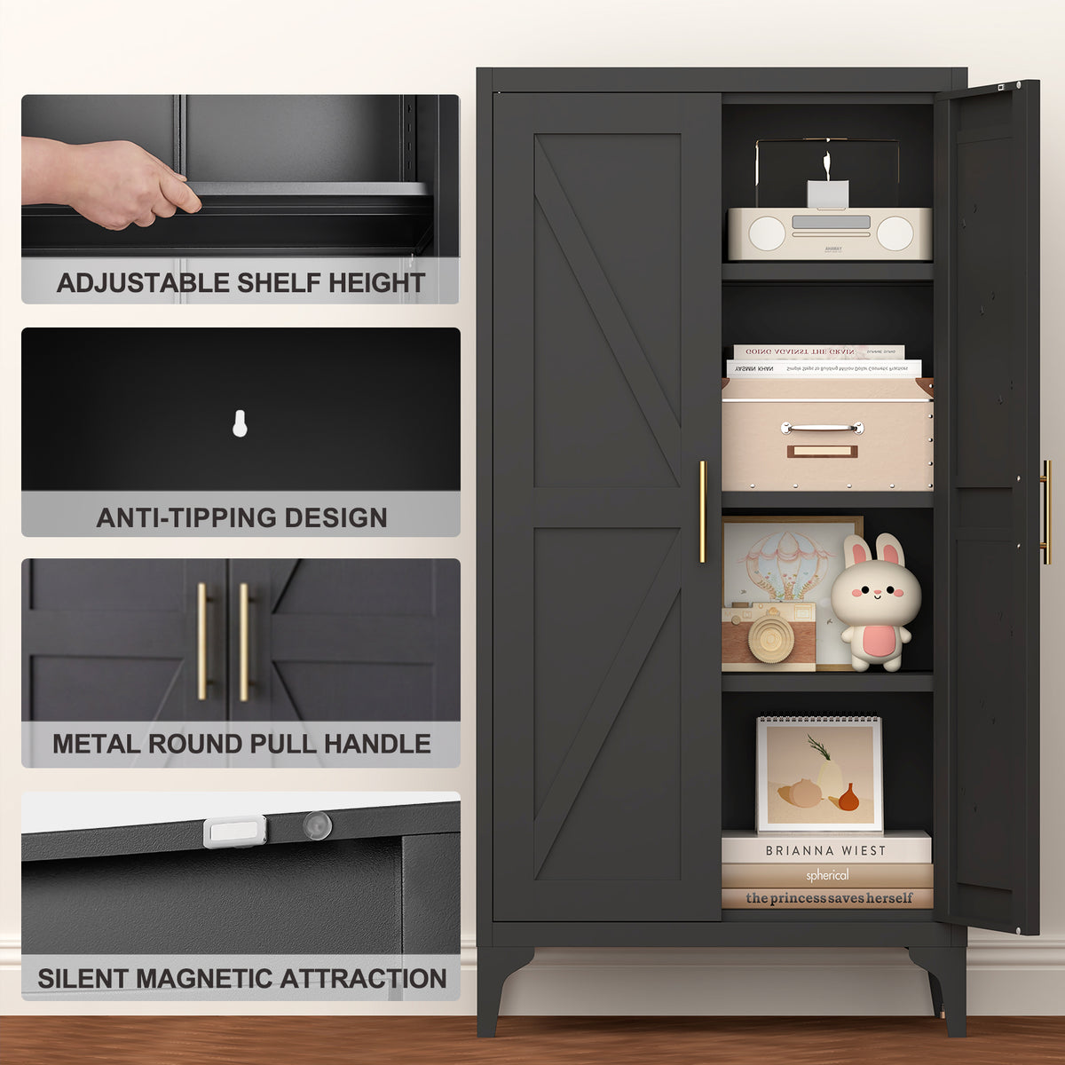Gabinet de almacenamiento metálico de dos puertas ajustable para despensa de cocina, gabinete para el salón, comedor y oficina, negro