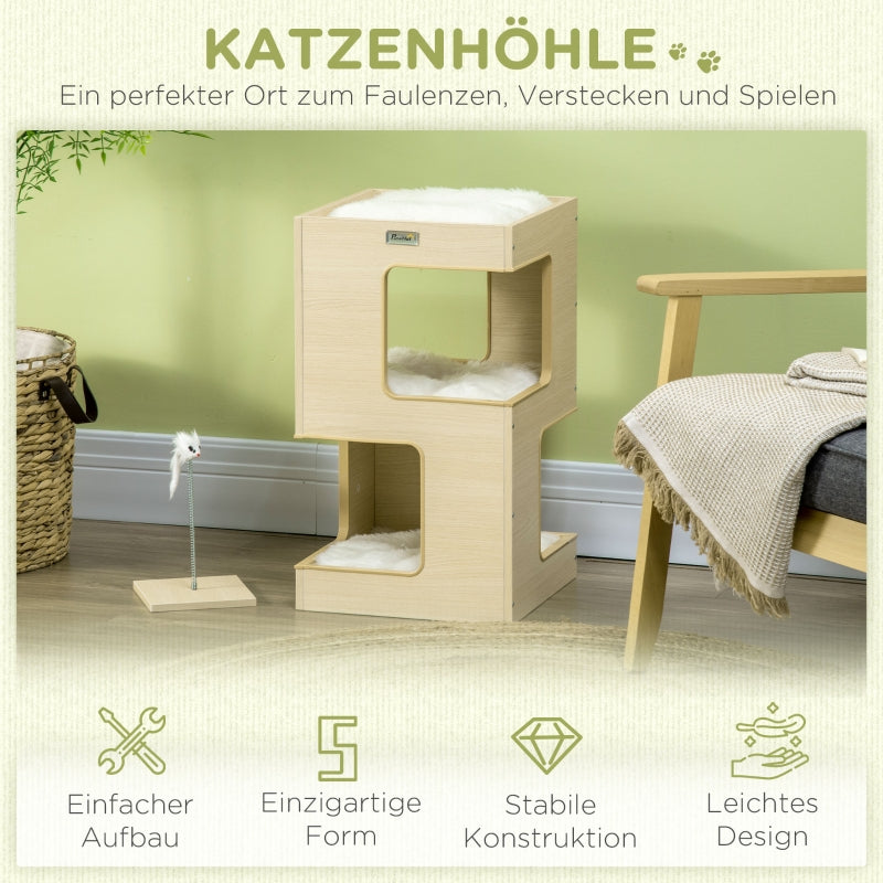 Tonera para gato, casa para gato, 2 niveles, incluye juguete, 34 cm x 34 cm x 60 cm, Natural + Gris claro