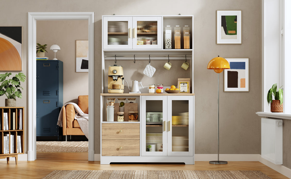 Armario de cocina de 178 cm, armario alto con LED, estante de cocina con toma de corriente, vitrina con puertas de cristal templado, estante para vinos, blanco con el aspecto de madera y placa de trabajo reforzada