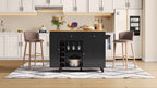 Isla de cocina con placa de trabajo plegable, equipada con 5 ruedas con cierre, armario, estante para vinos y soporte para vasos, negro, 120 x 45(70) x 89 cm
