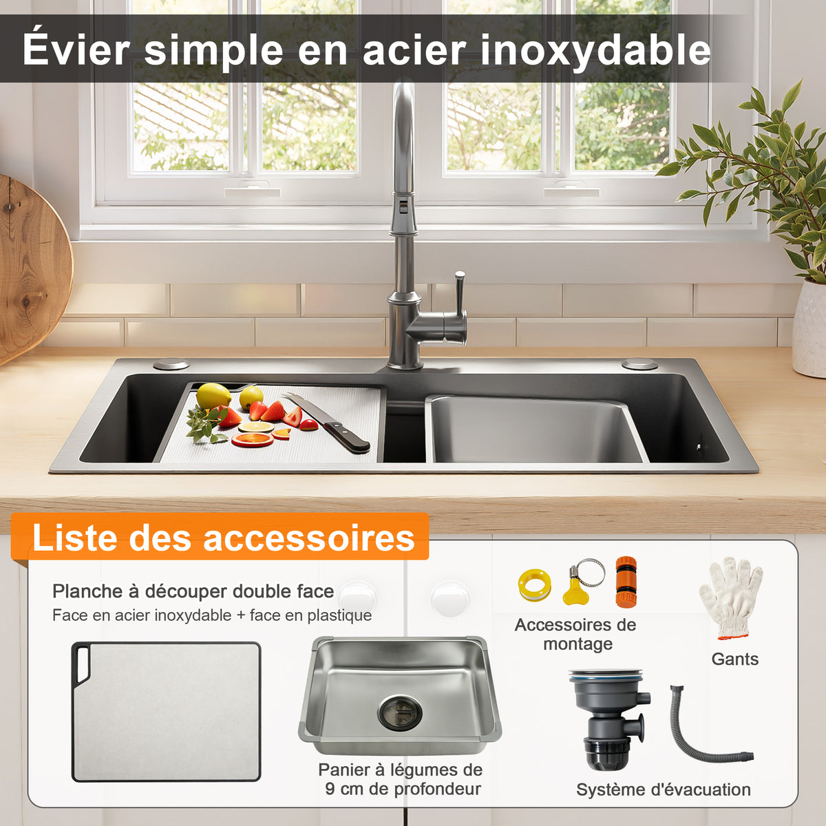 Lavabo de instalación de 75x45cm de acero inoxidable con tabla de corte, fregadero interior adicional y colador, lavabo de cocina con recubrimiento PVD, desague en cascada, construcción silenciosa y 3 tocones para accesorios