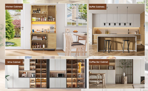 Küchenanrichte 183 cm, Buffet, per App steuerbare LED-Dekorationsbeleuchtung, 2 x USB, 2 x Steckdosen, verstellbare Einlegeböden, 3 Schubladen, goldfarbene Metallgriffe, ideal für Küchen und Esszimmer.