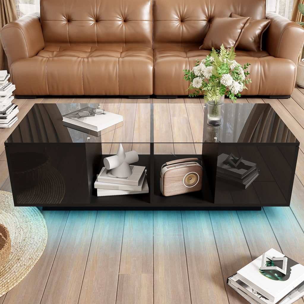 Mesa de centro moderna negra con iluminación LED, superficie de mesa de alta lustre, 120 x 50 x 38,5 cm