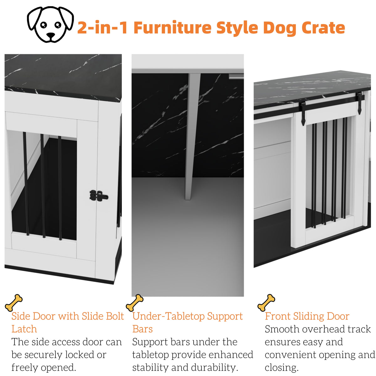 Caja para perro 2 en 1, Hoguera interior para perro, Caja para perro de madera y metal en diseño de mobiliario, como mesita de noche, para perros pequeños a medianos, 140 x 60 x 87 cm, blanca, Mesa con folio de aspecto de mármol negro