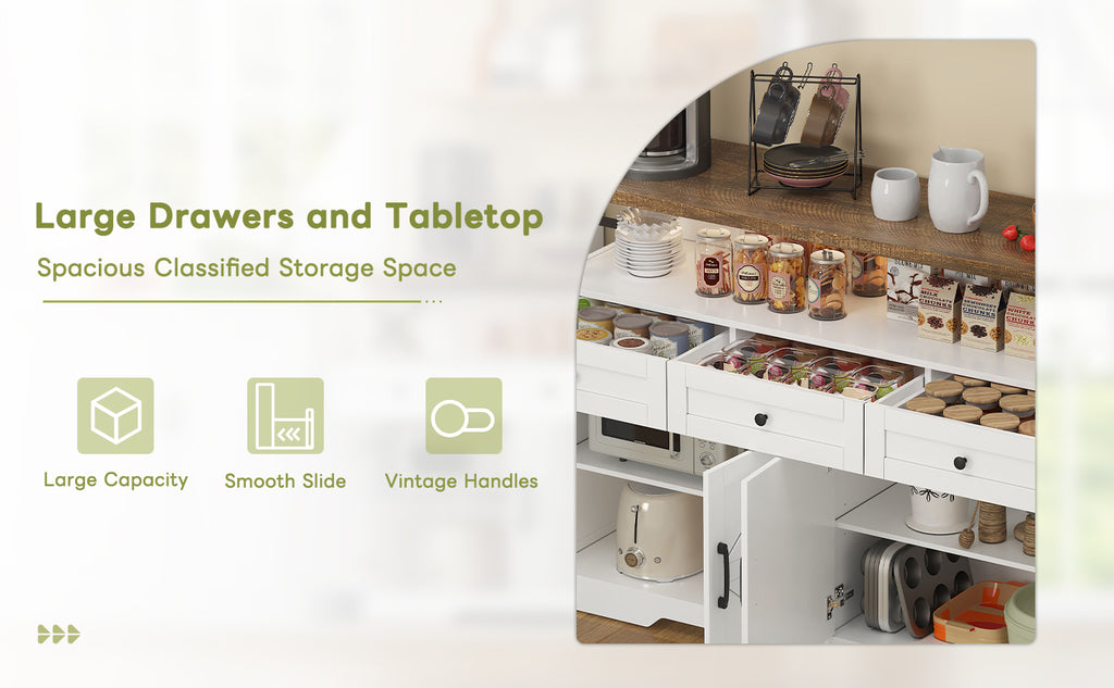 Buffet de 140 cm con espacio de almacenamiento, barra de café con 3 cajones, consola en estilo rústico con puertas, armarios con tablones de empotramiento, adecuado para la cocina, el salón, el vestíbulo, estilo rústico blanco/marrón