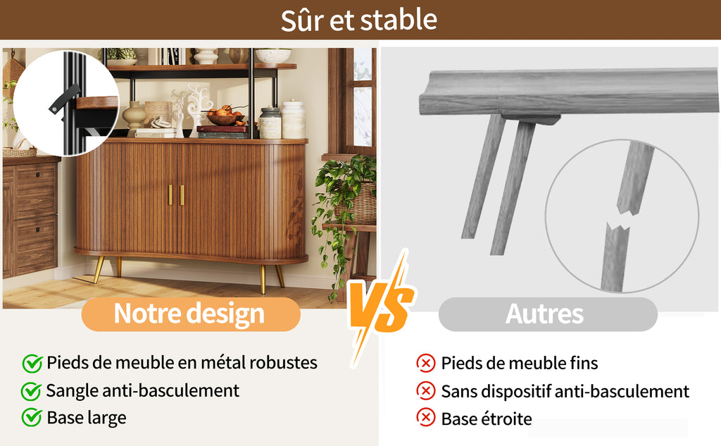 Gabinetto con puertas correderas y estante superior, estante abierto de 4 niveles, armario de cocina moderno con revestimiento de listas verticales, patas de metal doradas, armario de almacenamiento para comedor y salón, color oscuro