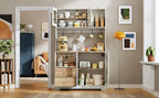 Armario de cocina de 178 cm, armario alto con LED, estante de cocina con toma de corriente, vitrina con puertas de cristal templado, estante para vinos, blanco con el aspecto de madera y placa de trabajo reforzada