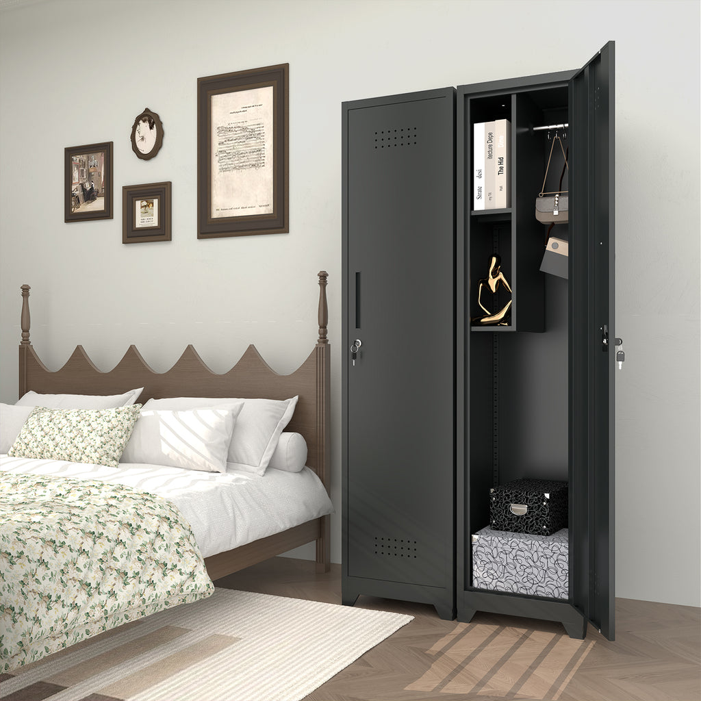 Gabinet de almacenamiento para limpieza de metal negro y esbelto con puerta cerradora, estantes y barra de colgado, organizador de utilidades de 65" de alto para cocina, despensa, oficina, taller y garaje