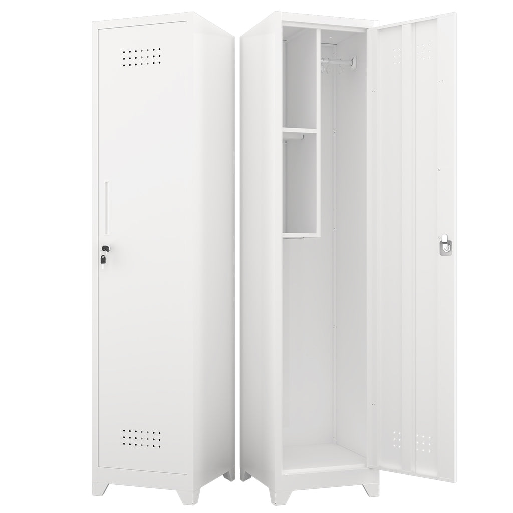 Gabineté de almacenamiento para limpieza de metal esbelto y blanco con puerta cerradora, estantes y barra de colgado, 65" de alto, organizador de utilidades para la cocina, despensa, oficina, taller y garaje