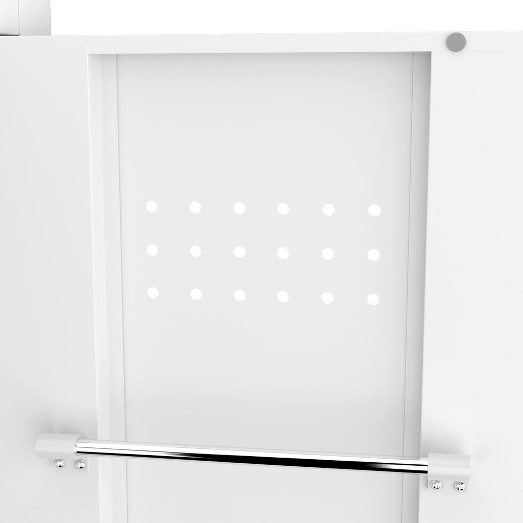 Gabinet de almacenamiento para herramientas de limpieza de 65" de color blanco con puertas con cerradura, estantes, varilla de colgado y anzuelos S