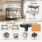 Cama bunk Metal 90/140 x 200 cm – Cama familiar y bunk con protección contra caídas, escalera segura y rejilla, construcción estable, silenciosa, para niños, jóvenes y adultos, Negro