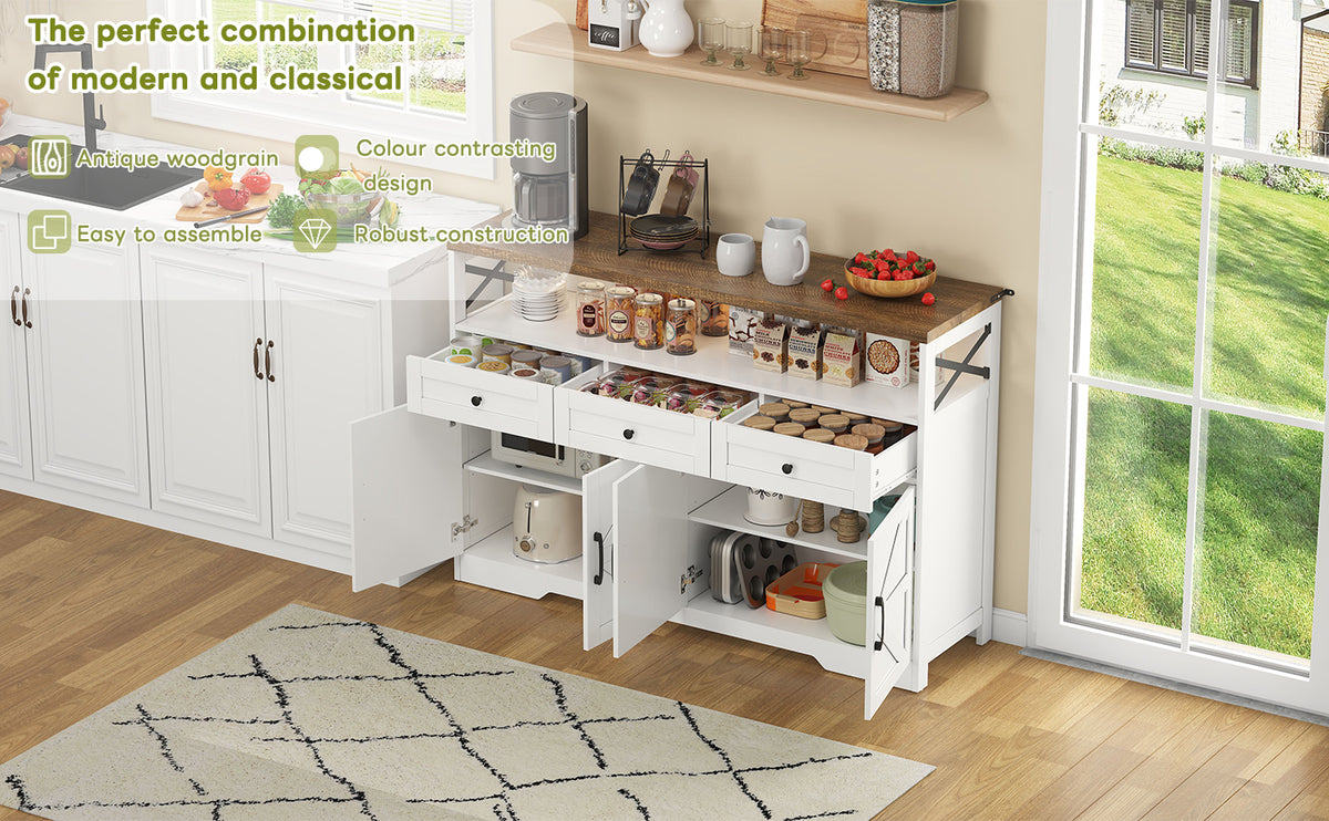 Buffet de 140 cm con espacio de almacenamiento, barra de café con 3 cajones, consola en estilo rústico con puertas, armarios con tablones de empotramiento, adecuado para la cocina, el salón, el vestíbulo, estilo rústico blanco/marrón