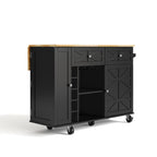 Isla de cocina con placa de trabajo plegable, equipada con 5 ruedas con cierre, armario, estante para vinos y soporte para vasos, negro, 120 x 45(70) x 89 cm