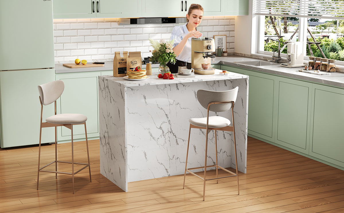 Gran isla de cocina de 120 x 60 x 90,5 cm, 3 cajones y 3 puertas, diseño de mármol blanco, soportes de empotramiento ajustables, cajones silenciosos, diseño de barbería - Accesorios para la cocina elegantes y prácticos