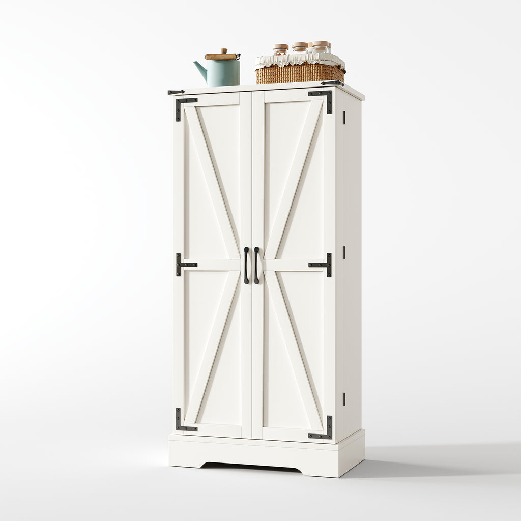 Armario de cocina de 128,5 cm, armario de almacenamiento rural – Armario de almacenamiento de alimentos con LED, con 2 puertas y estantes ajustables para pequeñas habitaciones en el comedor o el salón, estructura de presión por debajo blanca