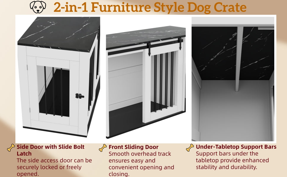 Caja para perro 2 en 1, Hoguera interior para perro, Caja para perro de madera y metal en diseño de mobiliario, como mesita de noche, para perros pequeños a medianos, 140 x 60 x 87 cm, blanca, Mesa con folio de aspecto de mármol negro
