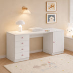 Mesa de escritorio, mesa de trabajo, mesa de computadora, con 4 cajones y una superficie de almacenamiento, muebles para niños, mesa de estudio con espacio de almacenamiento, empuñaduras de cerámica rosa, 155*45*74 cm, Blanco