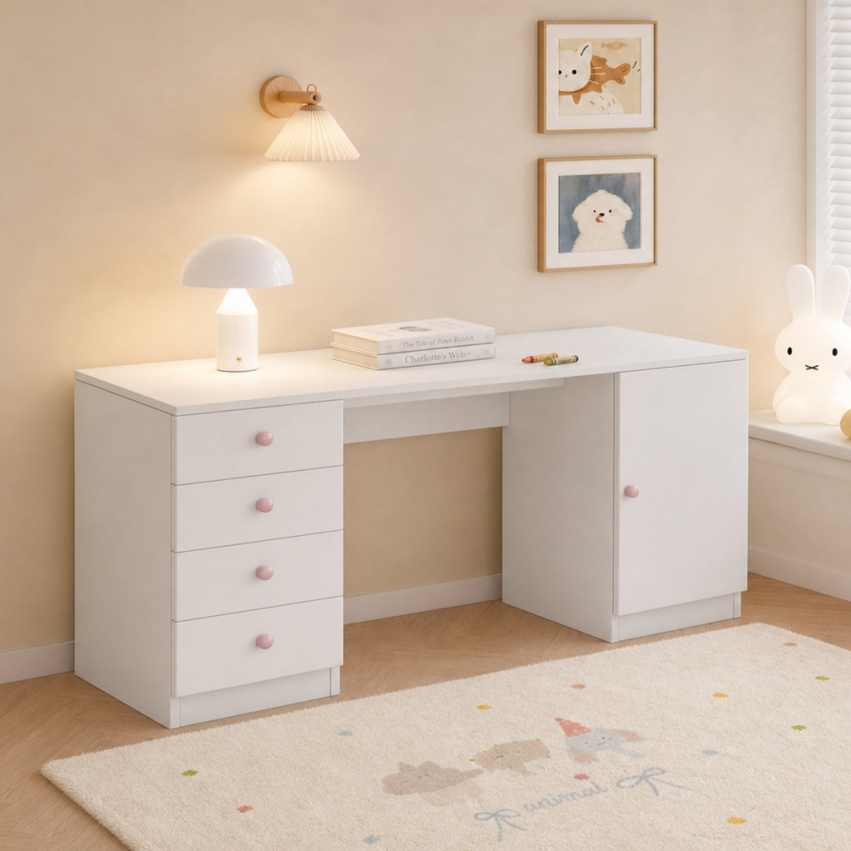 Mesa de escritorio, mesa de trabajo, mesa de computadora, con 4 cajones y una superficie de almacenamiento, muebles para niños, mesa de estudio con espacio de almacenamiento, empuñaduras de cerámica rosa, 155*45*74 cm, Blanco